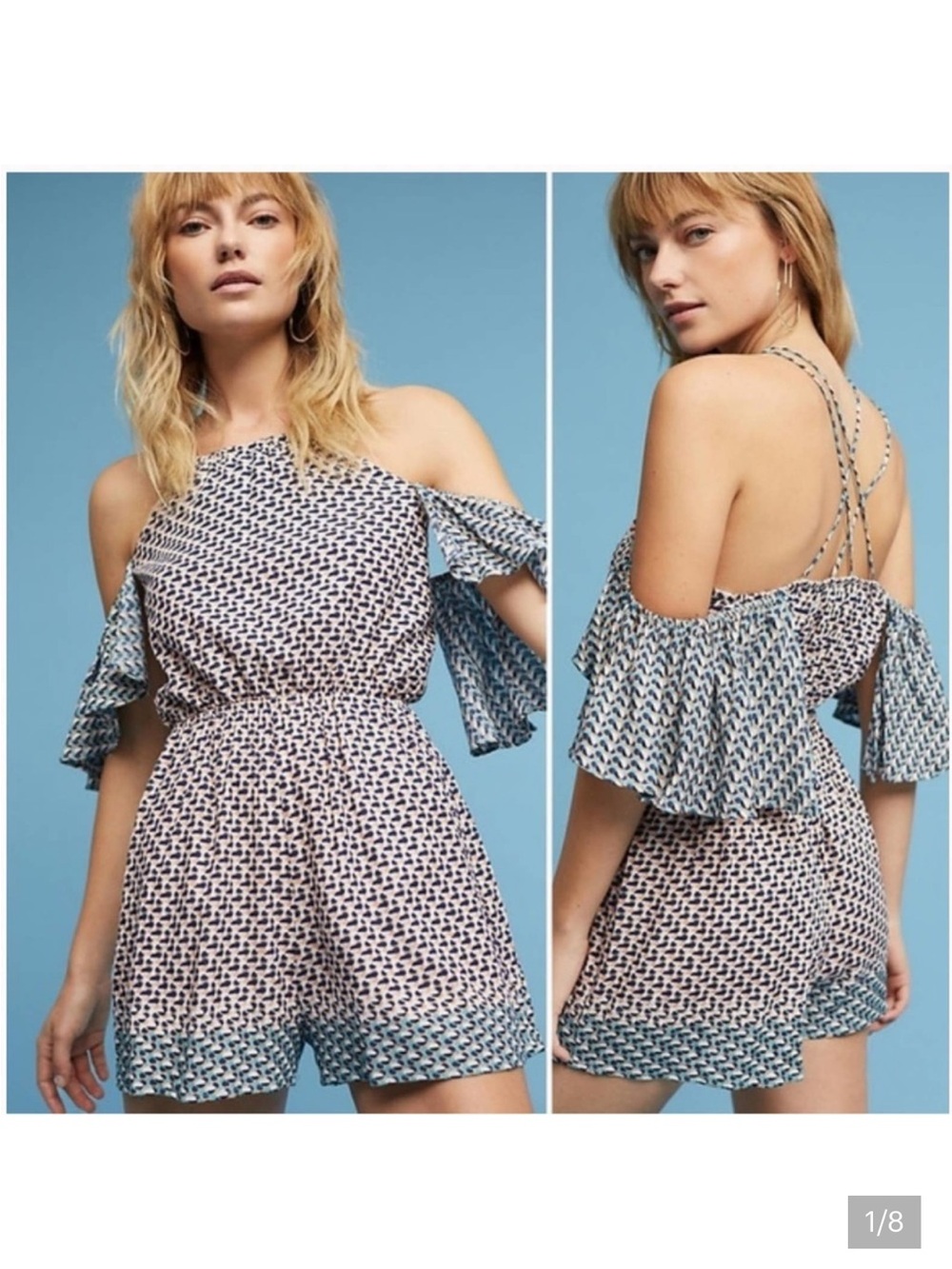 Anthropologie Elevenses Blue & Cream Printed Cold-Shoulder Romper